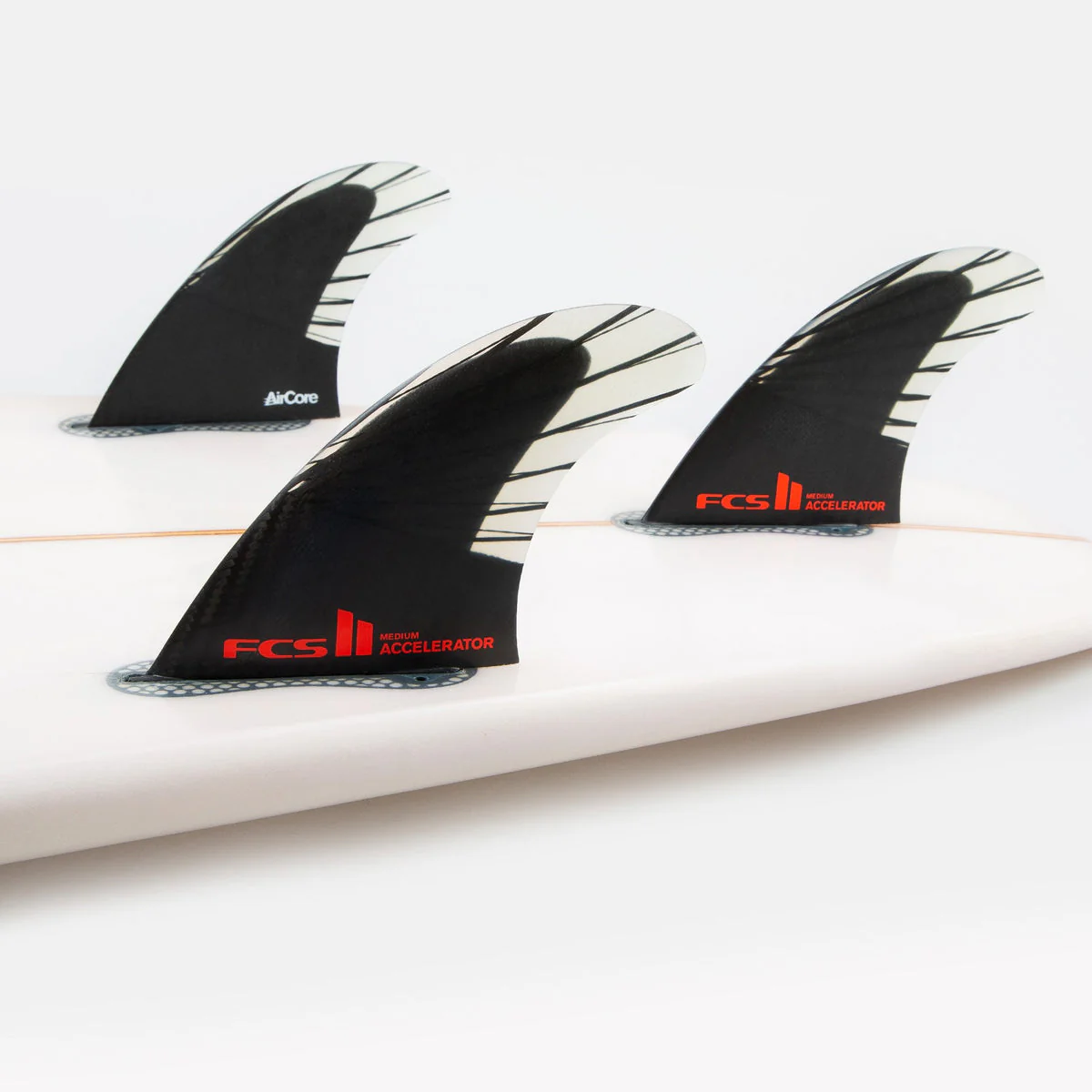 FCS II Medium Accelerator PCC Carbon + Aircore Thruster Surfboard Fins - Red Black - Image 2