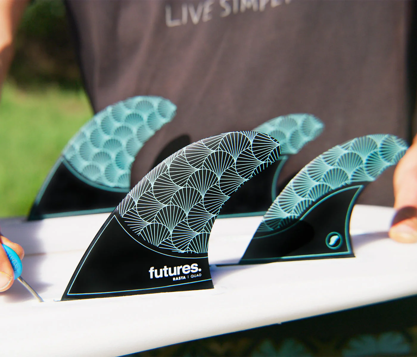 Futures Medium Rasta Honeycomb Quad Surfboard Fins Black Teal - Image 2